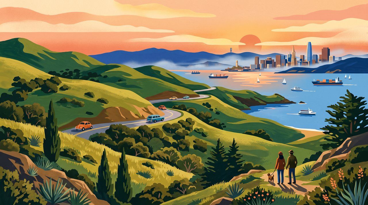 AI illustration: The green hills of Marin County above San Francisco Bay, 1970s