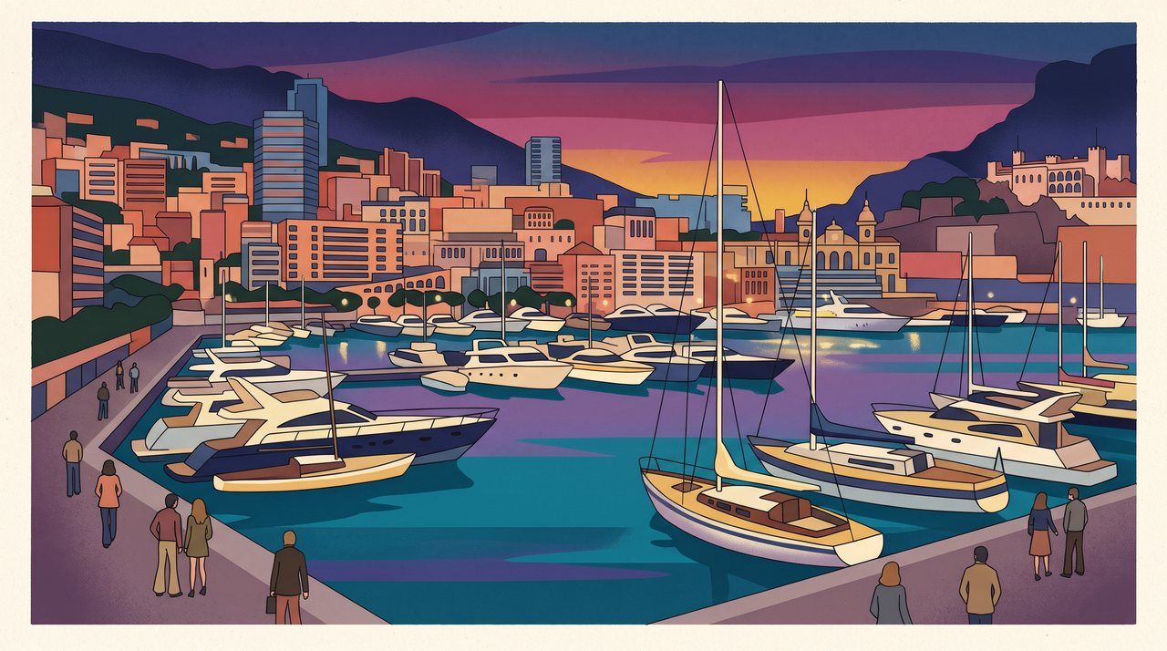 AI illustration: The harbour of Monaco at dusk, late 1970s