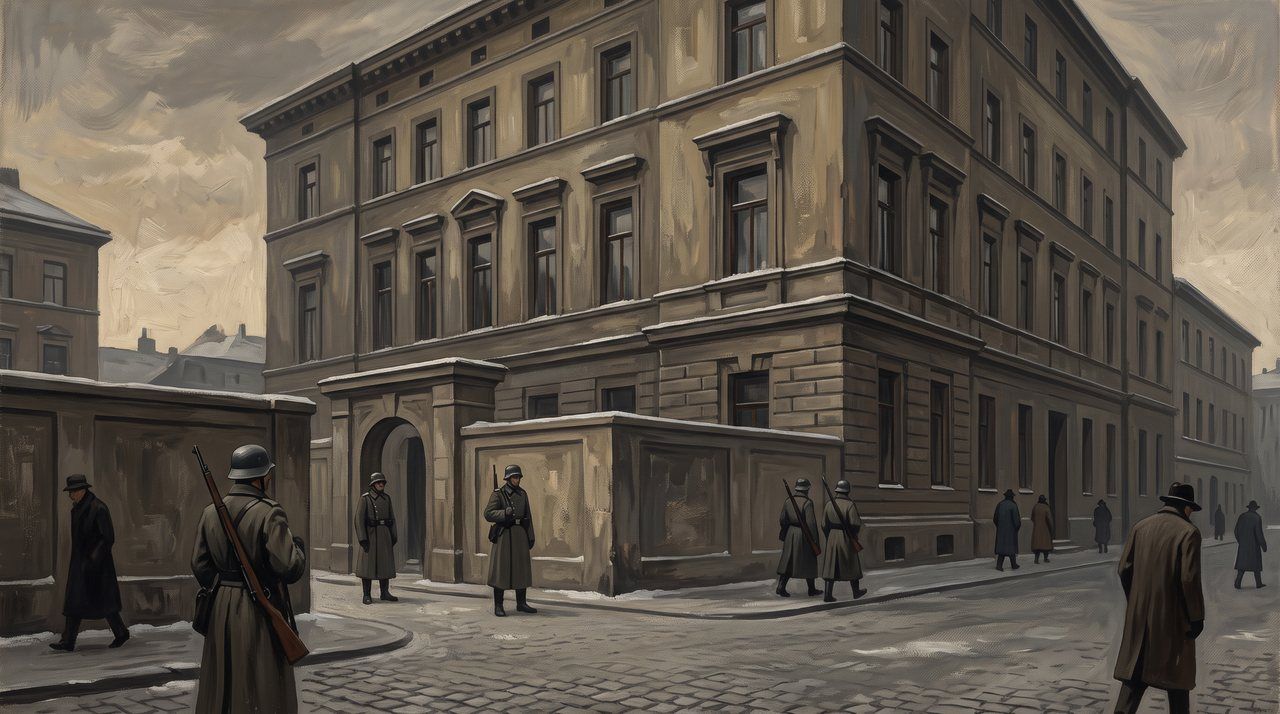 AI illustration: The Hotel Metropole in Vienna under armed guard, 1938, where Louis de Rothschild was held