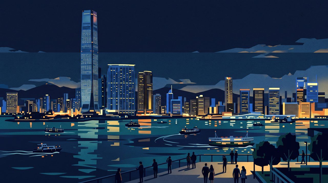 AI illustration: The International Commerce Centre tower above Hong Kong harbour at night