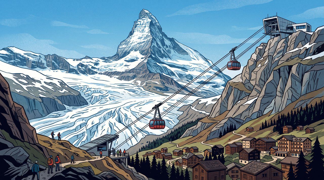 AI illustration: The Klein Matterhorn glacier and cable car above Zermatt