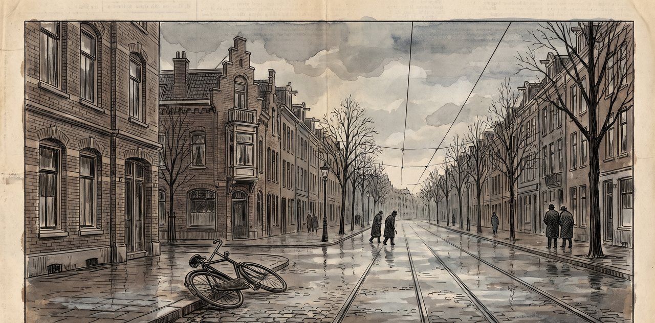 AI illustration: The Linnaeusstraat in Amsterdam on a grey November morning, 2004, a bicycle lying on its side in the empty street
