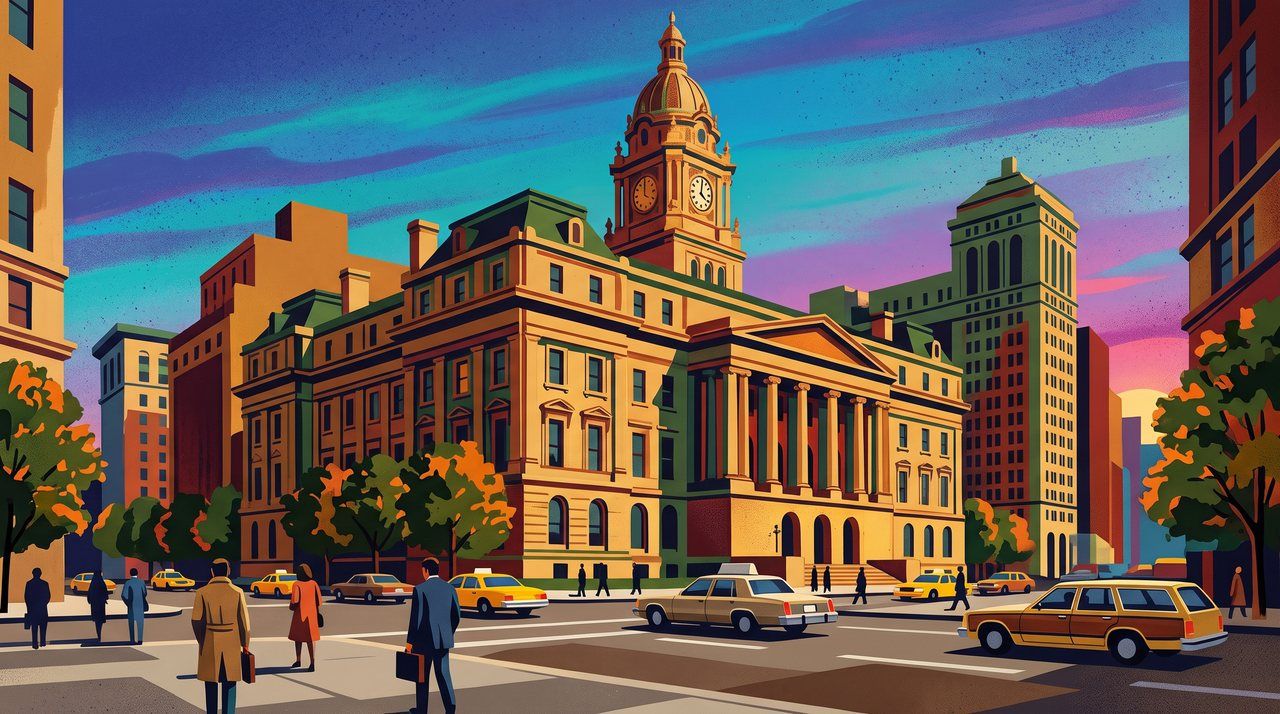 AI illustration: The Manhattan Surrogate's Court building on Chambers Street, 1986