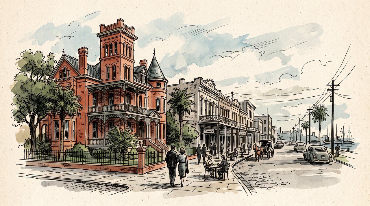 AI illustration: The Moody Mansion and the Strand in Galveston, Texas