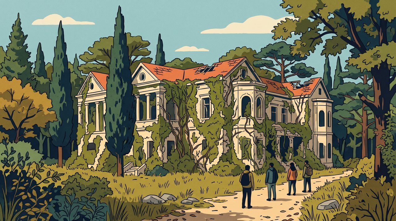 AI illustration: The overgrown Tatoi Palace in the forest north of Athens