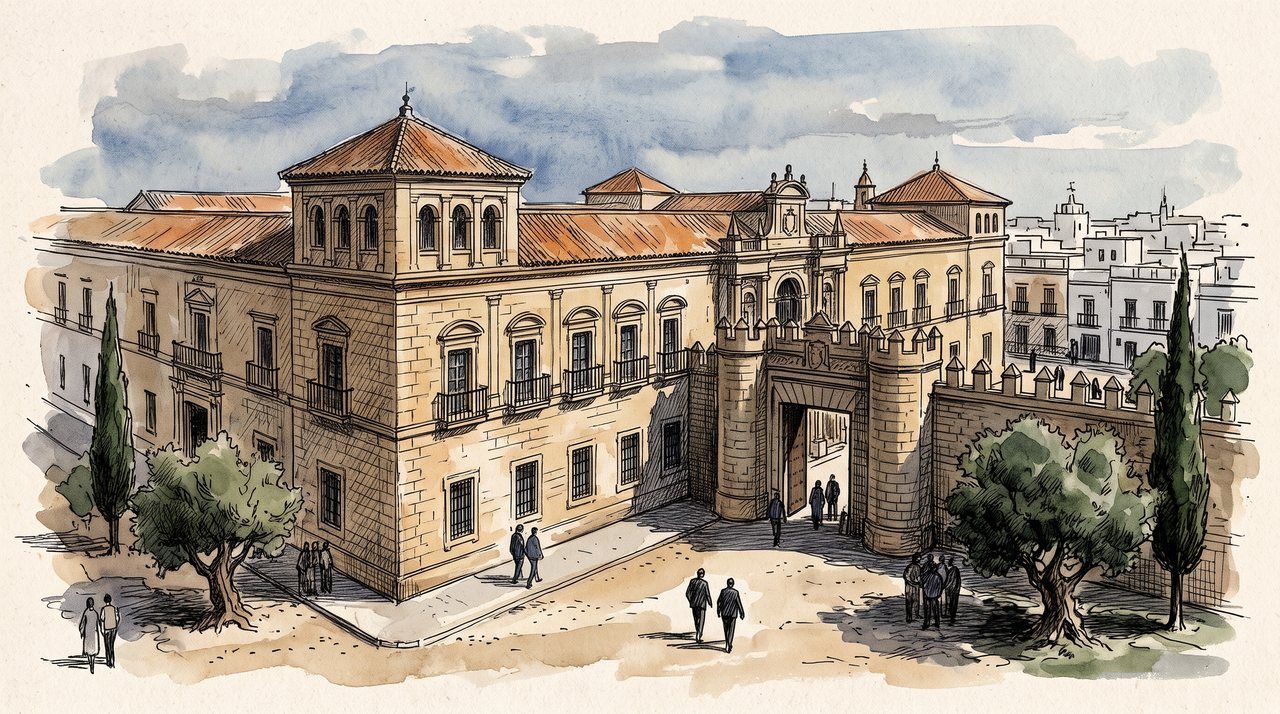 AI illustration: The palace of the Dukes of Medina Sidonia at Sanlúcar de Barrameda, Spain