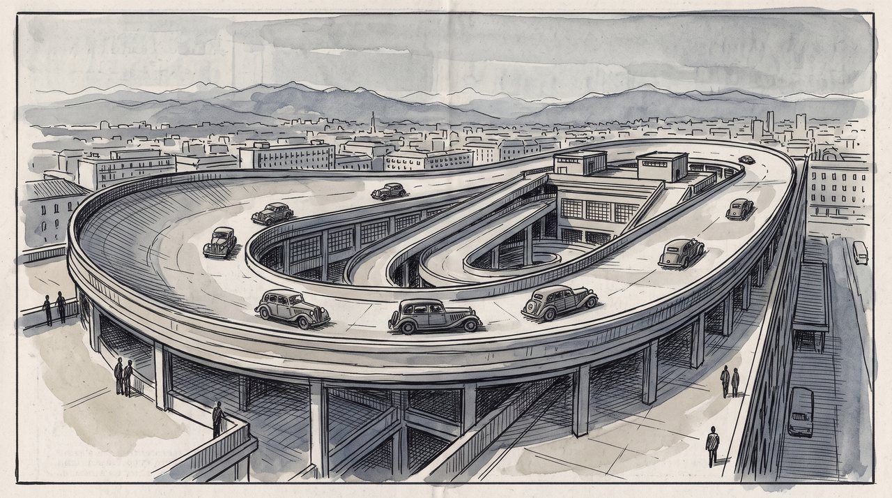AI illustration: The rooftop test track of the Lingotto factory in Turin