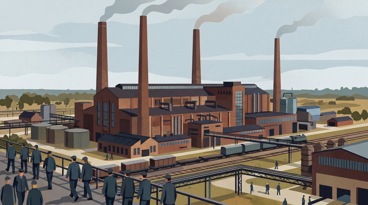 AI illustration: The Volkswagen factory at Wolfsburg with its four brick chimneys