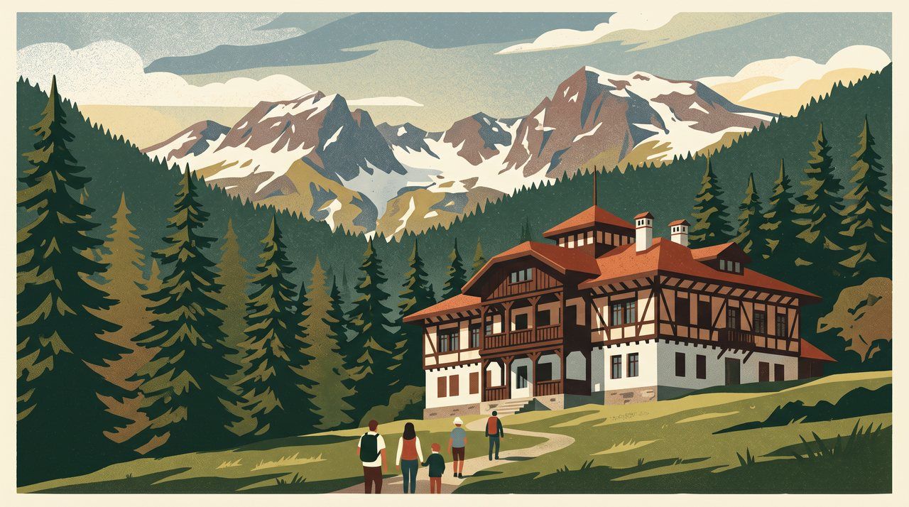 AI illustration: Tsarska Bistritsa, the royal hunting lodge in the Rila mountains, Bulgaria