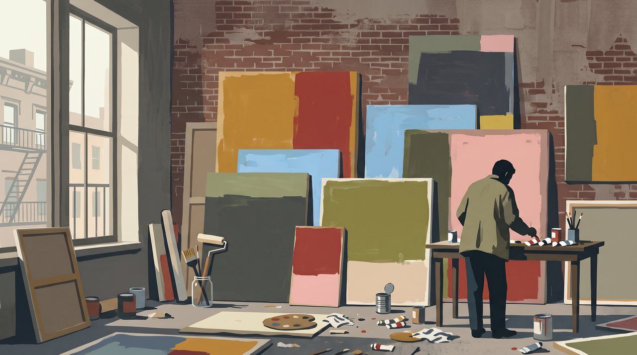 AI illustration: Unsold colour-field canvases stacked in a painter's studio on East 69th Street, New York, 1970