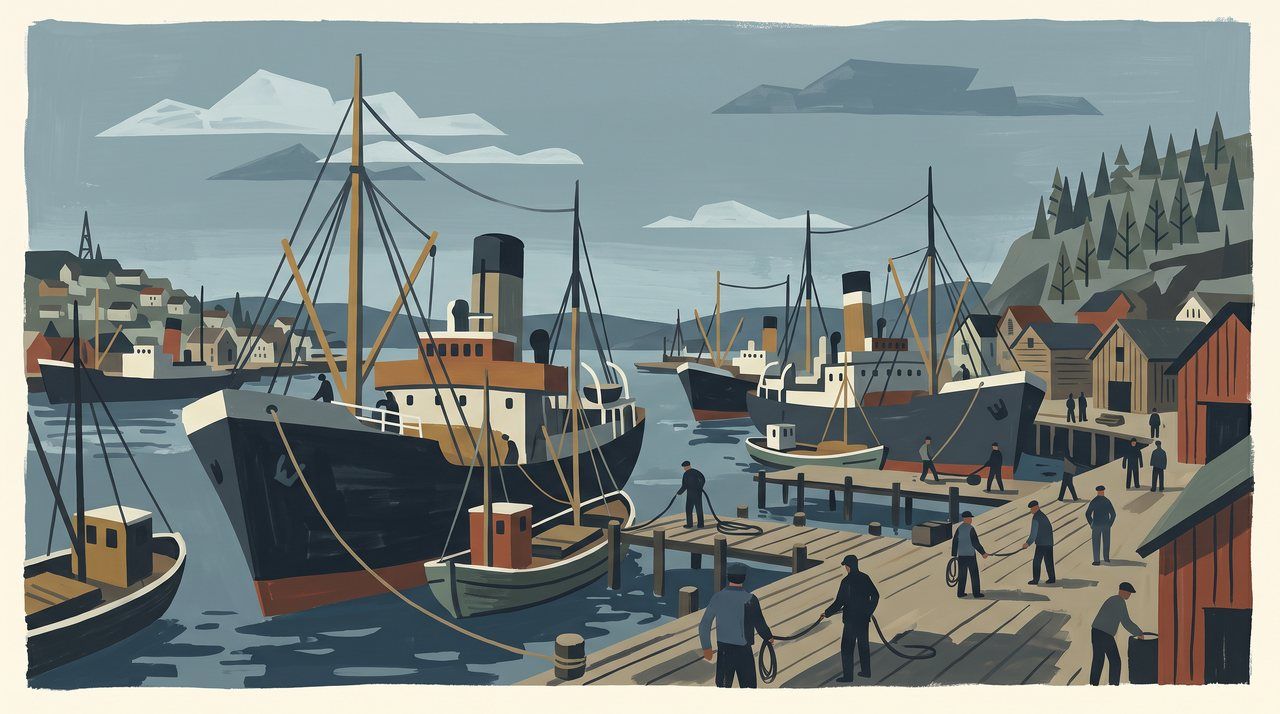 AI illustration: Whaling factory ships moored at Sandefjord, Norway, 1950s