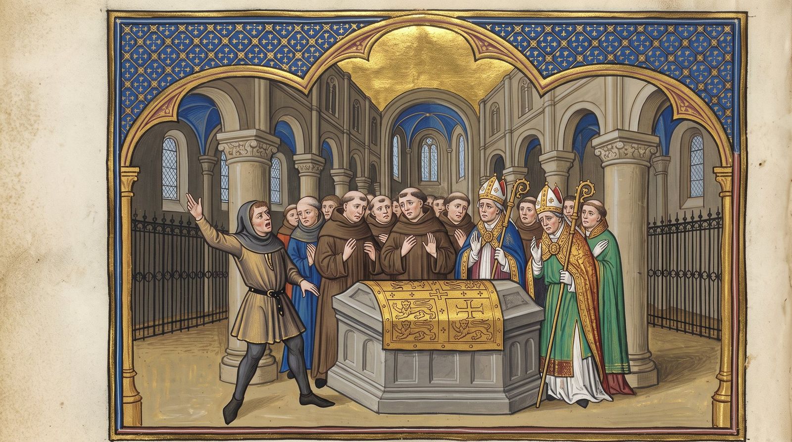 AI illustration: William the Conqueror's funeral at Caen, 1087, stopped by a man claiming the church stood on his father's land