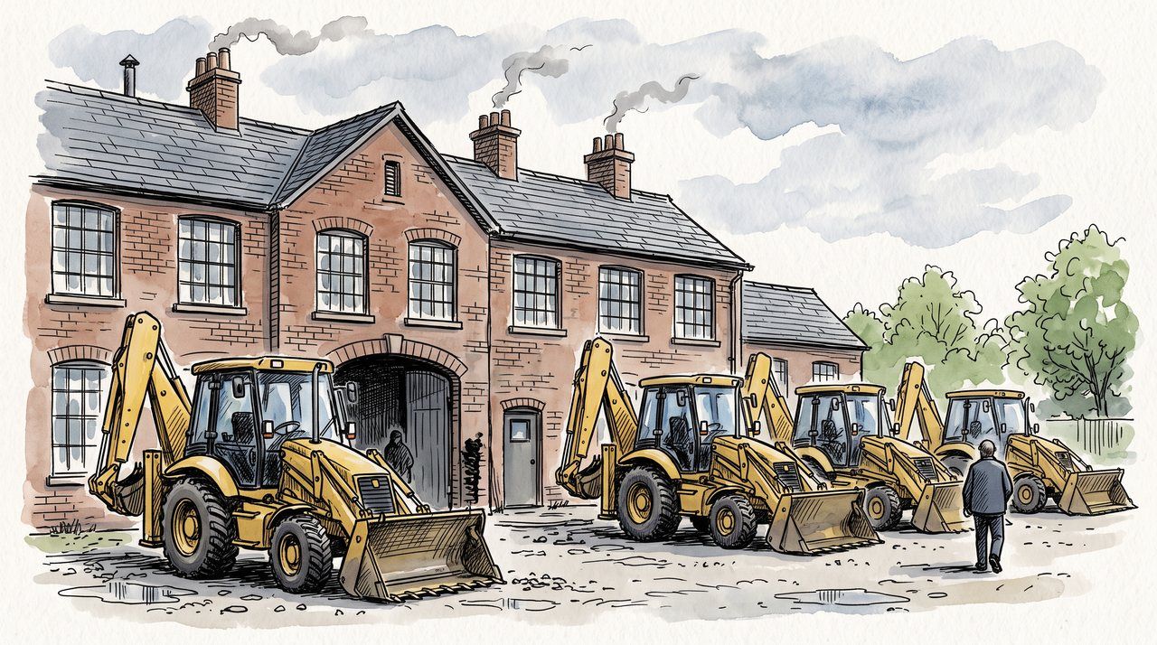 AI illustration: Yellow backhoe loaders lined up outside a Staffordshire factory