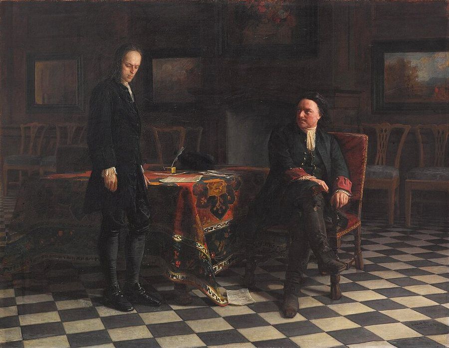 Alexei Petrovich, Tsarevich of Russia: Peter the Great Interrogating the Tsarevich Alexei Petrovich at Peterhoflabel QS:Les,"Pedro el Grande interroga al zarév
