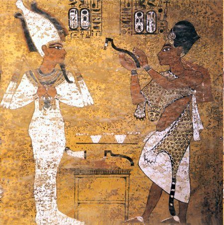 Opening of the Mouth - Tutankhamun and Aja: Ay performing the Opening of the Mouth ceremony at Tutankhamun. Wall painting from Tutankhamun's tomb (KV 62)