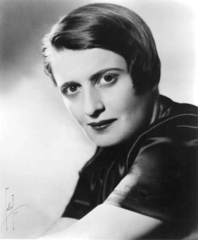 Ayn Rand: Photo portrait of Russian-American writer Ayn Rand used for the first-edition back cover of her novel The Fountainhead (1943).