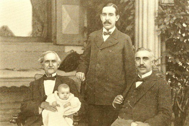 Four generations of the Mellon family: Four generations of the Mellon family. From left to right: Judge Thomas Mellon, holding his great grandson Matthew Mellon; William Larimer Me
