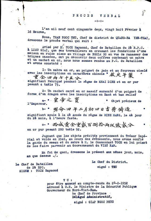 Procès-verbal for the recovery of the items the Bảo Đại Emperor gave to the Democratic Republic of Vietnam during his ab: A report about the recovery of the ceremonial sword and se