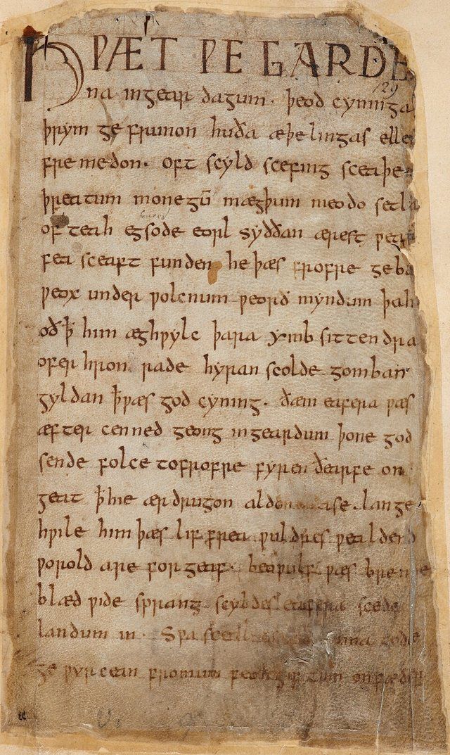 Beowulf Cotton MS Vitellius A XV f. 132r: The first folio of the heroic epic poem Beowulf, written primarily in the West Saxon dialect of Old English. Part of the Cotton MS Vitelli