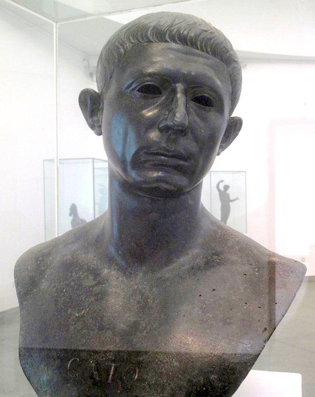 Cato Volubilis bronze bust: Bronze bust of Cato the Younger from the Archaeological Museum of Rabat, Morocco. Found in the House of Venus, Volubilis.