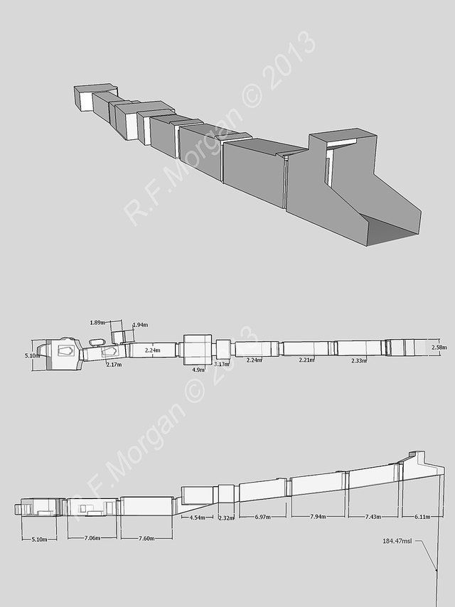 KV 13 Bay: Isometric, plan and elevation images of KV13 taken from a 3d model