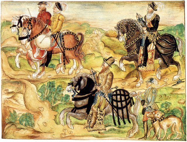 Musterung-Welser-Armada: Gouverneur de:Georg Hohermuth von Speyer (rechts) und de:Philipp von Hutten (Mitte) anläßlich der Musterung der Welser-Armada in Sanlúcar de Barrameda vor
