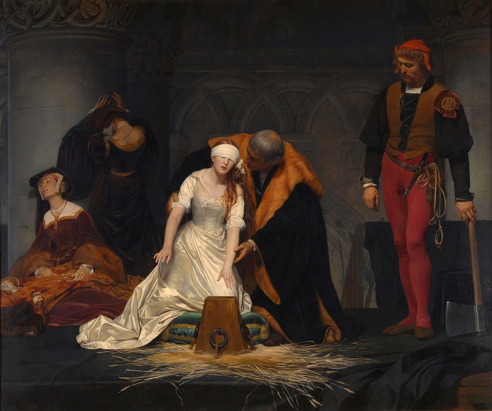 French: L'Exécution de lady Jane Grey en la tour de Londres, l'an 1554 The Execution of Lady Jane Greytitle QS:P1476,fr:, painting by Paul Delaroche