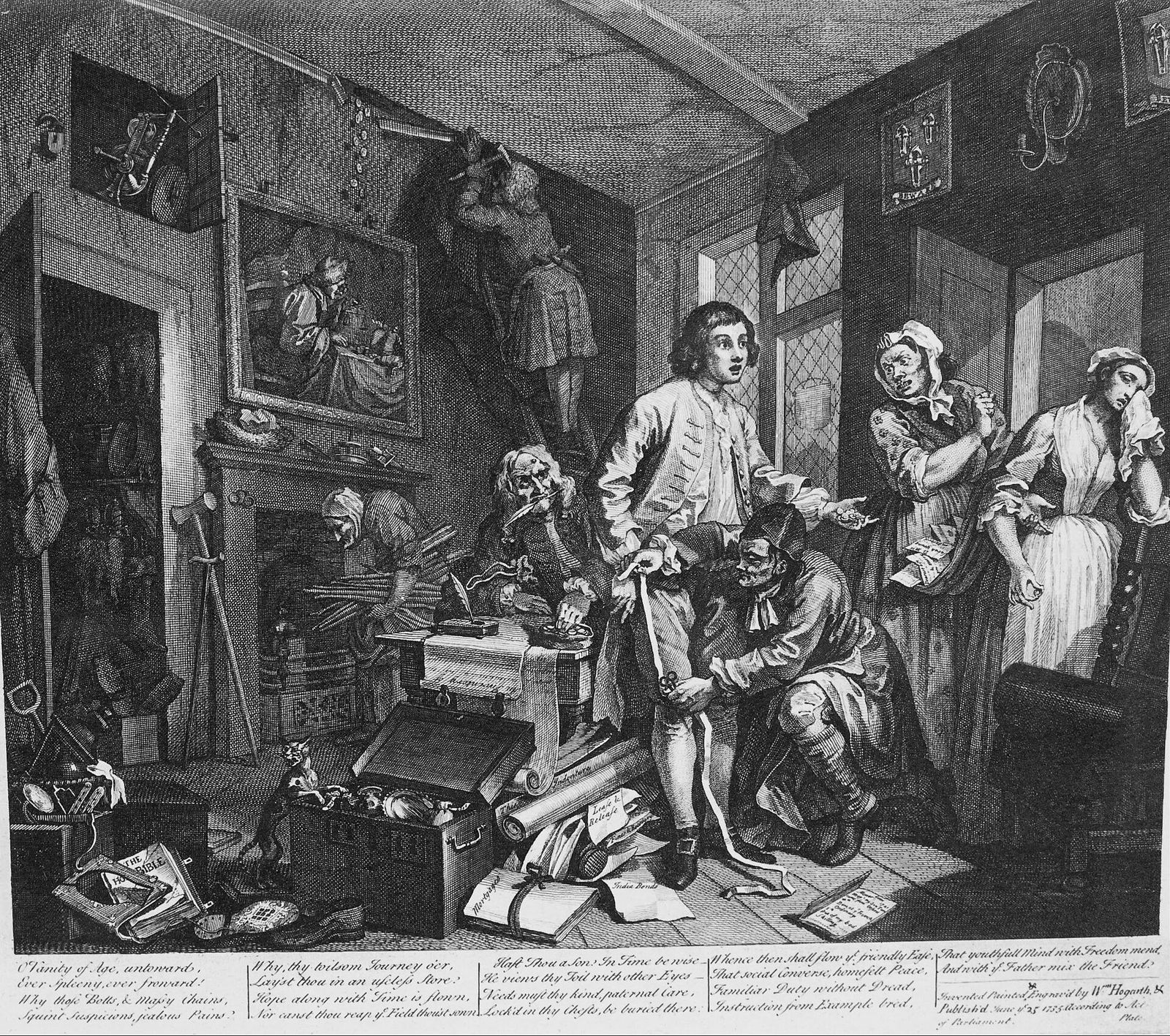 A Rake's Progress, Plate 1, The Young Heir Takes Possession of the Miser's Effectstitle QS:P1476,en:"A Rake's Progress, , painting by William Hogarth
