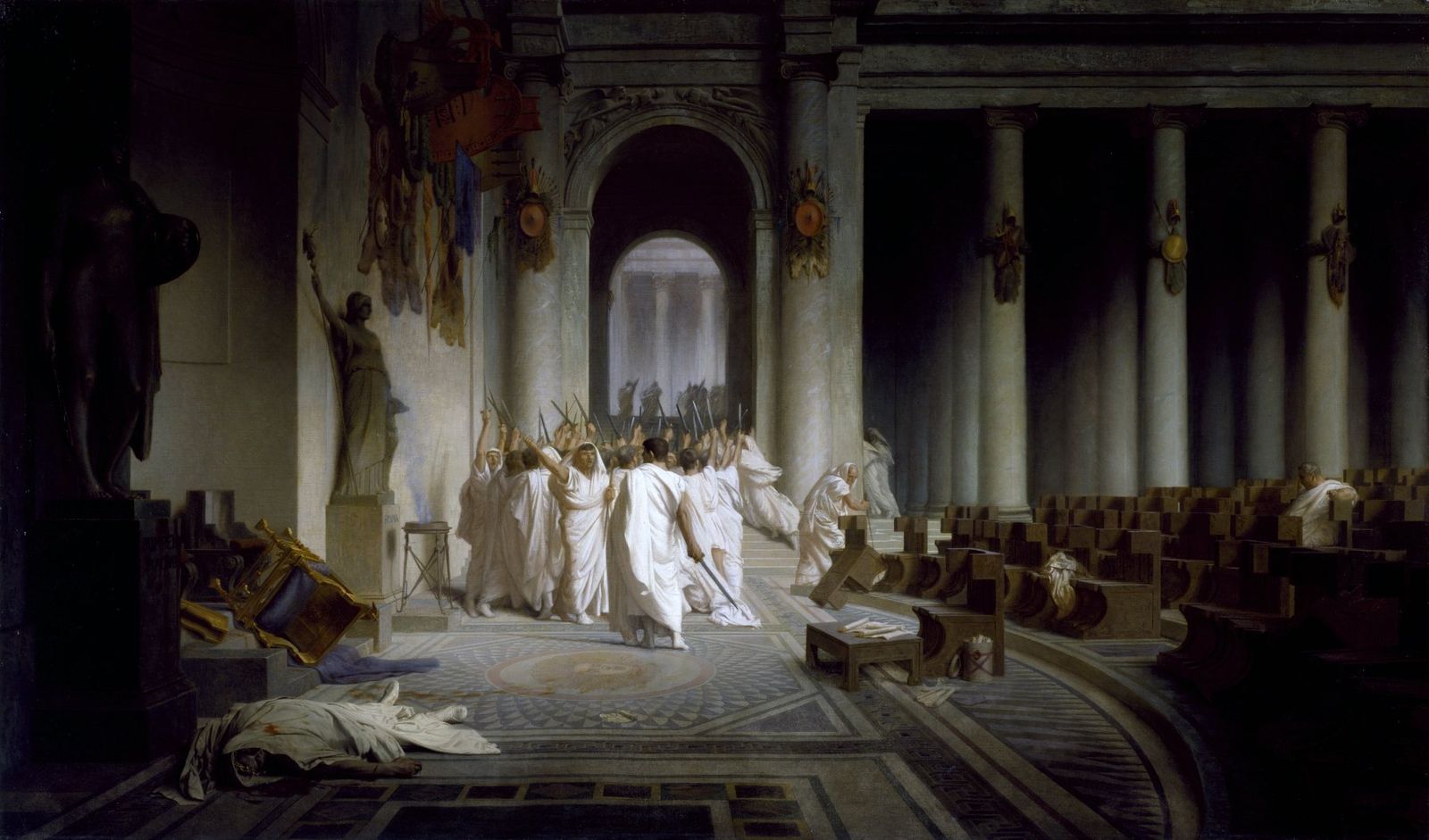 The Death of Caesartitle QS:P1476,en:"The Death of Caesar"label QS:Len,"The Death of Caesar"label QS:Lfr,"La Mort de Cés, painting by Jean-Léon Gérôme