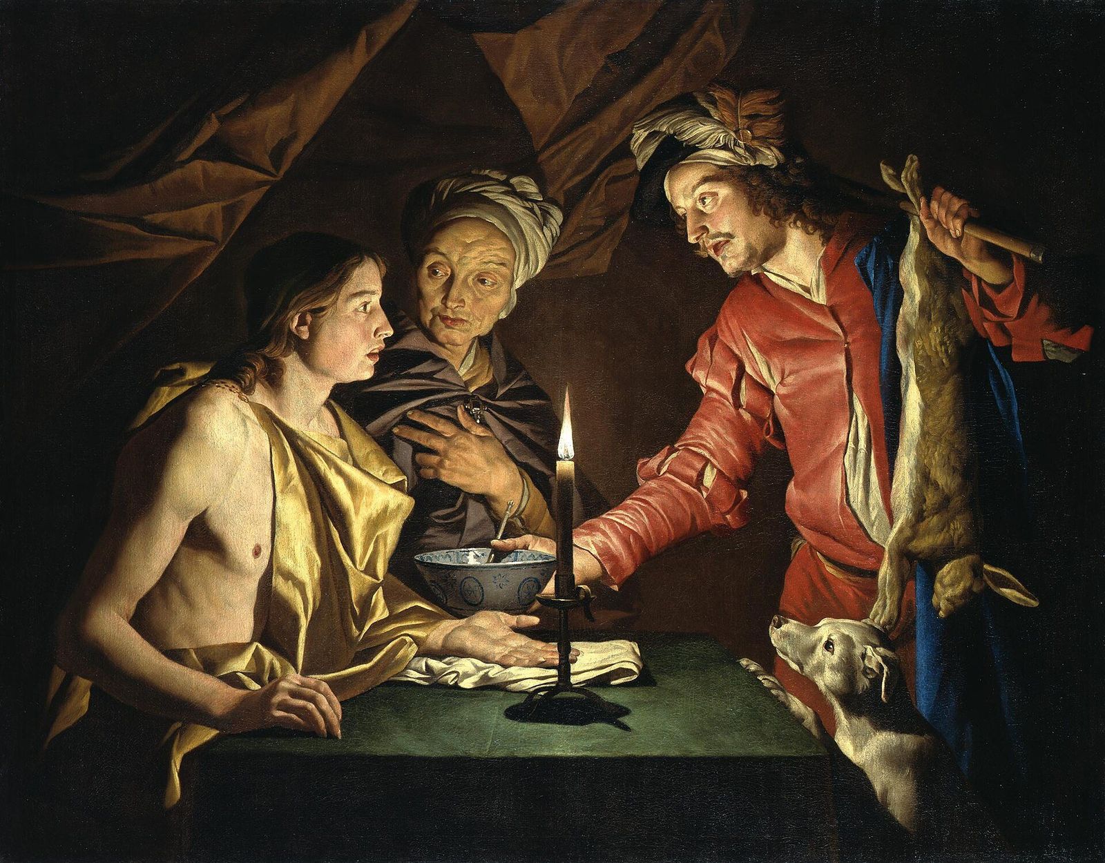 German: Esau verkauft sein Erstgeburtsrecht Esau, returning hungry from the hunt, sells his first birthright to Jacob fo, painting by Matthias Stom