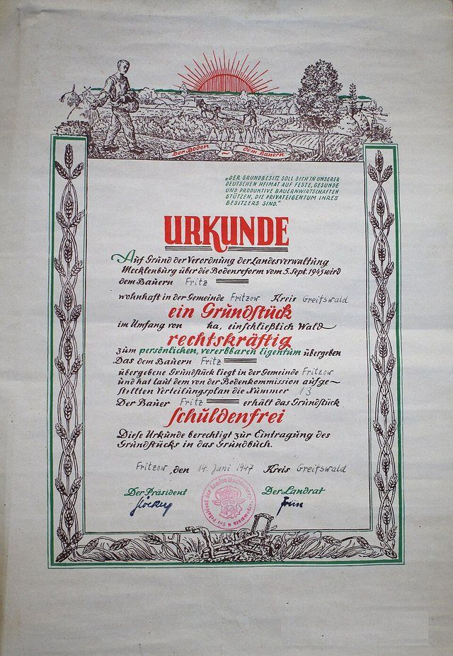 Bodenreform-Urkunde-1945-1947: Bodenreformurkunde 1947 (weil Saatzuchtgut erst verspätet)
