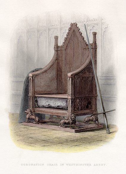 Coronation Chair and Stone of Scone: The Stone of Scone in the Coronation Chair at Westminster Abbey. No attribution was published in the source or any other book known to contain