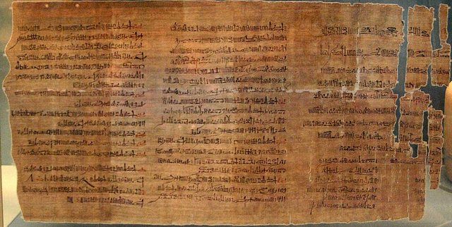 AbbottPapyrus-BritishMuseum-August21-08: The Abbott Papyrus, which is a record of an official inspection of royal tombs in the Theban necropolis-(in hieratic; note red ink, as well