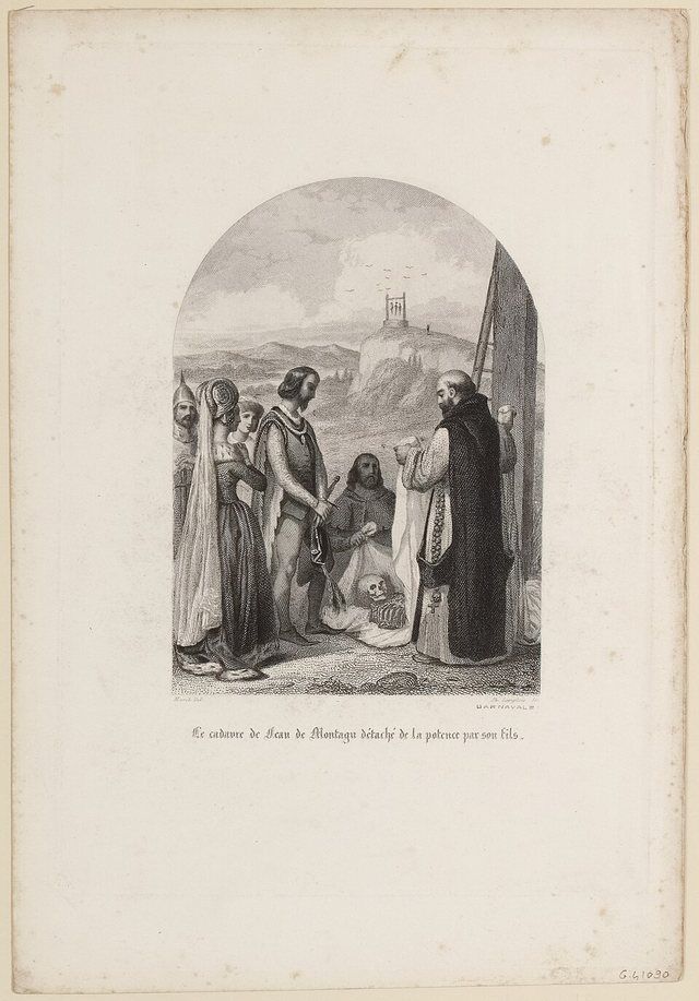Le cadavre de Jean de Montagu détaché de la potence par son fils. G: Auteur(s): Langlois, Philibert, graveur Marck, dessinateur Autre titre: De 1226 à 1469 / De l'avènement de St L