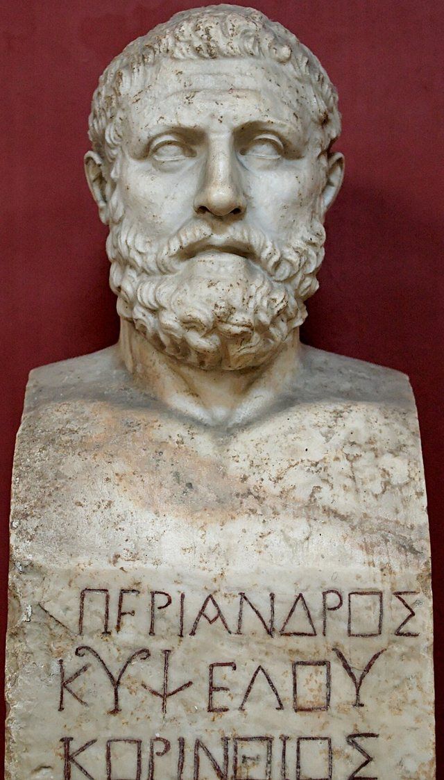 Periander Pio-Clementino Inv276: Bust of Periander bearing the inscription “Periander, son of Cypselus, Corinthian”. Marble, Roman copy after a Greek original from the 4th century.