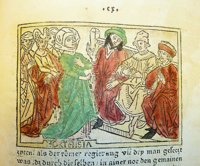 Hortensia (orator): Woodcut illustration of Hortensia pleading her case before the triumvirs - Penn Provenance Project