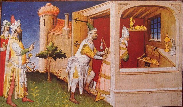 HulaguInBagdad: The Mongol ruler Hulagu in Baghdad interns the Caliph of Baghdad among his treasures.
