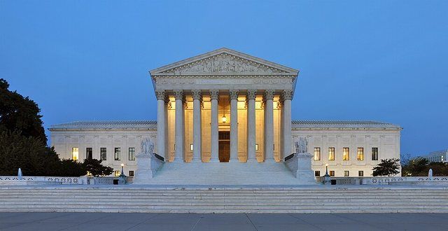 Panorama of United States Supreme Court Building at Dusk: Panorama of the west facade of United States Supreme Court Building at dusk in Washington, D.C., United States of America.