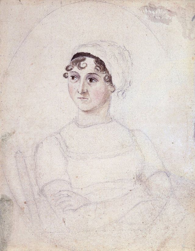 Jane Austen: Portrait of Jane Austen in watercolor and pencil