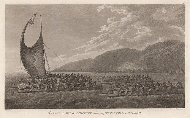 Tereoboo, King of Owyhee, bringing presents to Captain Cook by John Webber: Kalaniopuu, King of Hawaii, bringing presents to Captain Cook. Shows a Hawaiian canoe with "crab-claw" a