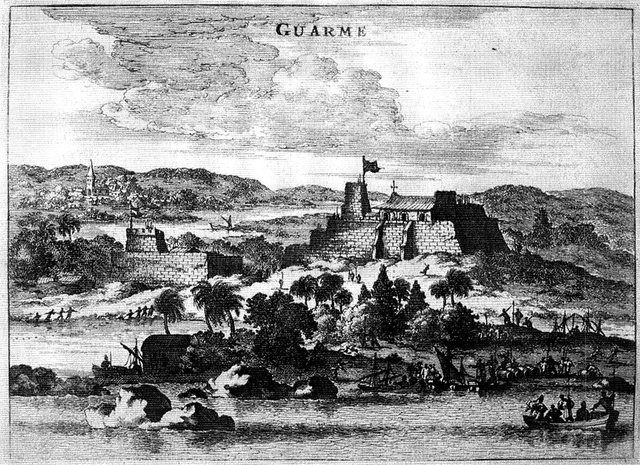 Castillo de Huarmey: Grabado del siglo XVII que representa al Castillo de Huarmey (Guarme), costa central del Perú, actual Áncash. Es una antigua construcción preinca, centro admin