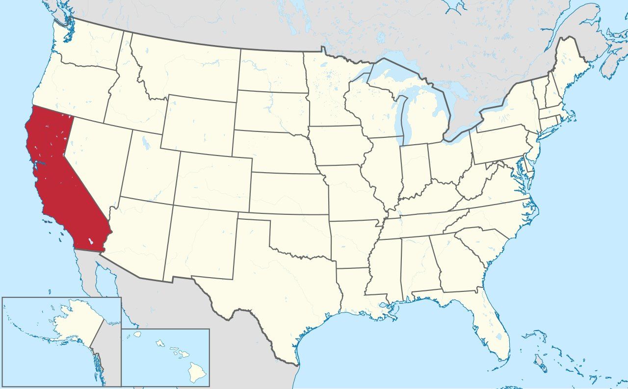 Map of California, marked on the globe