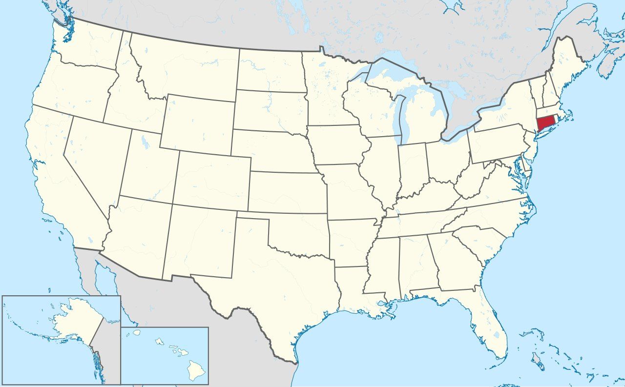 Map of Connecticut, marked on the globe