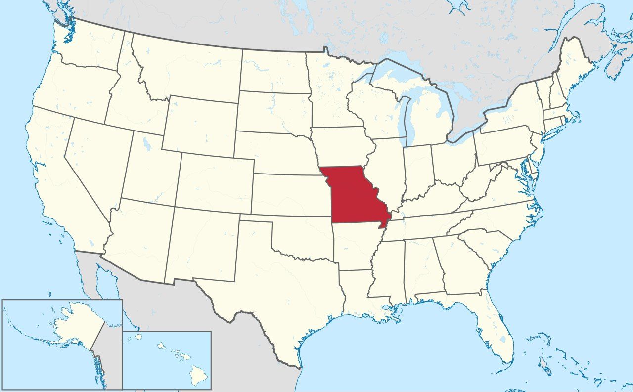 Map of Missouri, marked on the globe