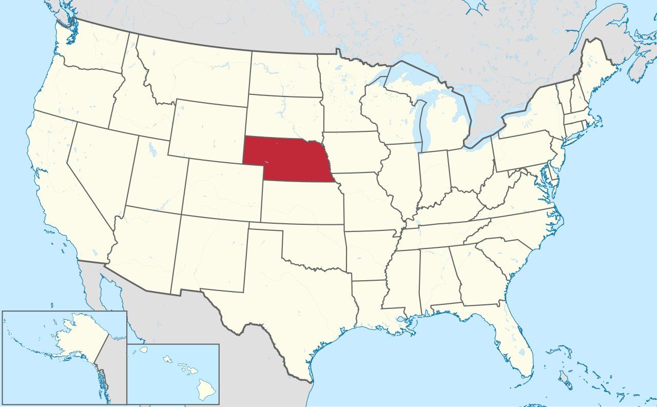 Map of Nebraska, marked on the globe