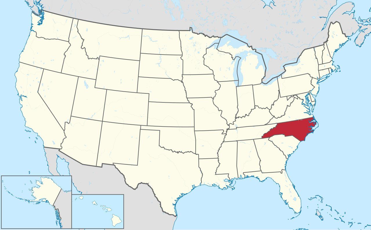 Map of North Carolina, marked on the globe