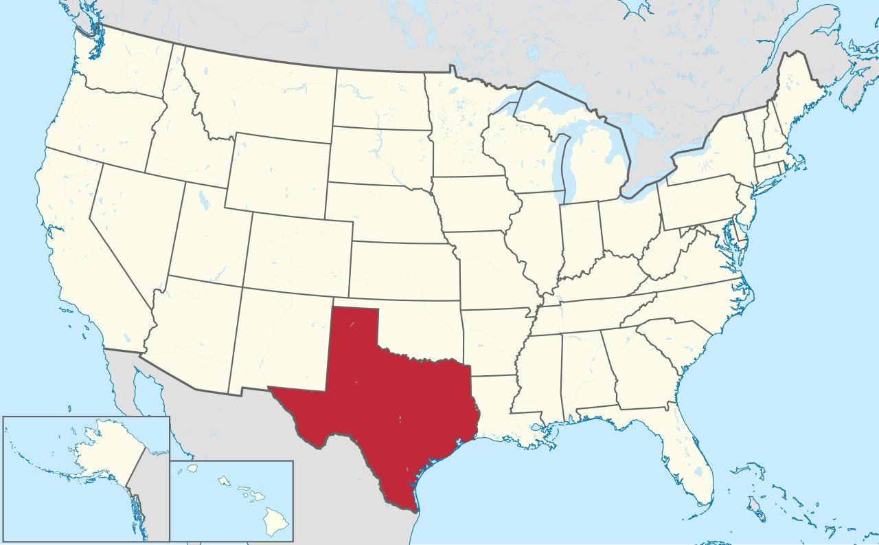 Map of Texas, marked on the globe
