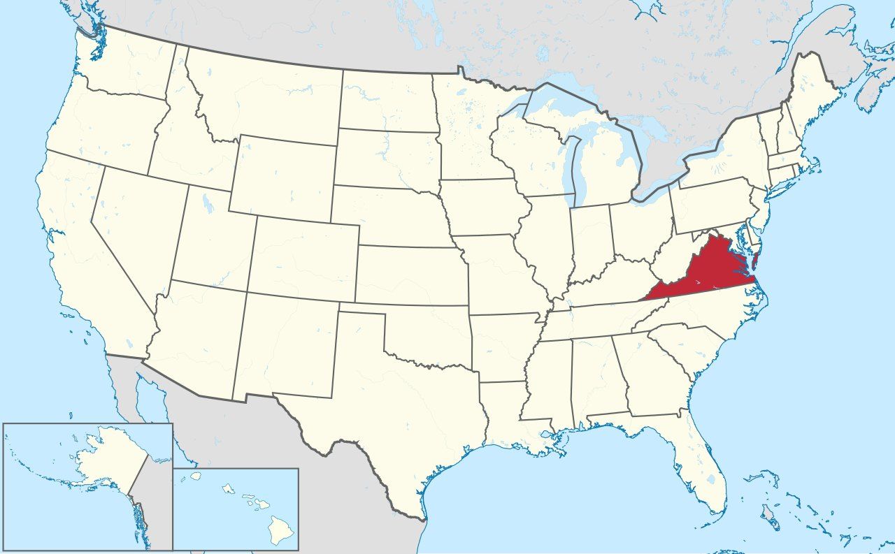 Map of Virginia, marked on the globe