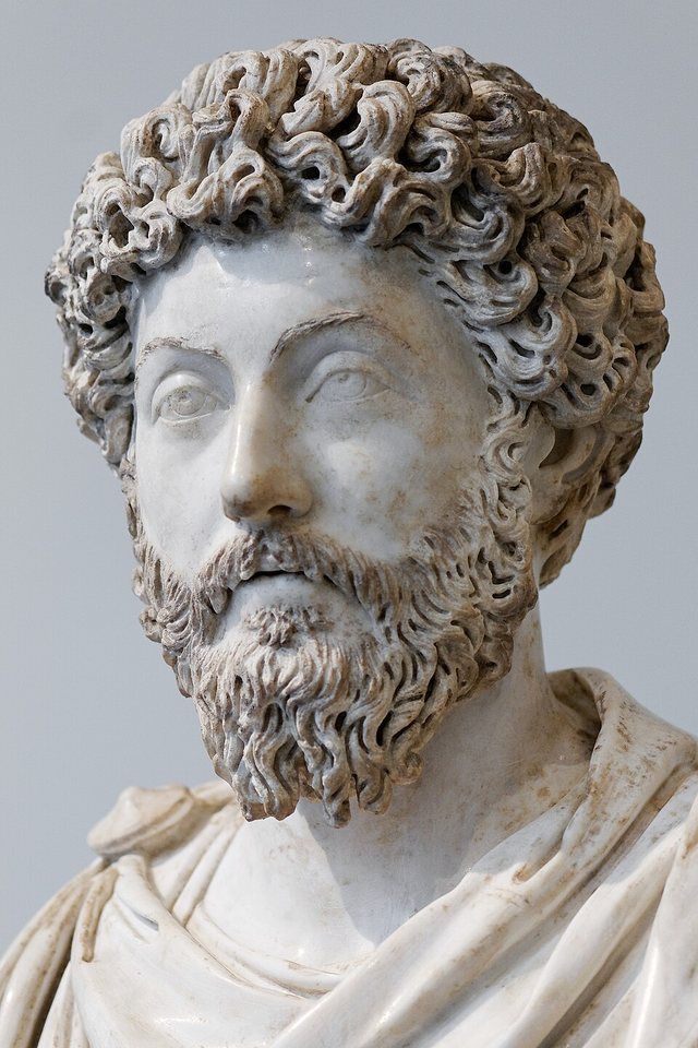 Marcus Aurelius: Portrait of Emperor Marcus Aurelius (type III). Roman artwork of the Antonine period. Discovered at Acqua Traversa, near Rome, 1674.