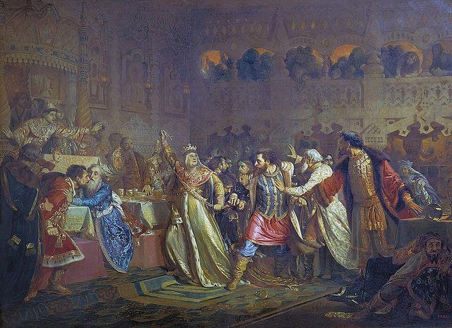 ChistyakovP SofVitovNaSvGRM: At the wedding of Vasilii the Dark Sofia Vitovtovna pulls the belt from Prince Vasilii Kosoi. Original title: see [1]